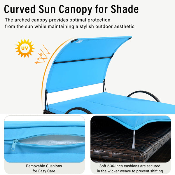 English Elm U_style Outdoor Double Sun Lounger Hdpe Wicker Steel Frame with Canopy Pop up Tables Blue WY000485AAC