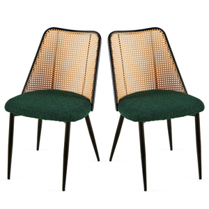 English Elm Green Rattan Dining Chairs Set Of 2 - Stylish Boucle Upholstered Seat With Natural Cane Backrest W1164P218678