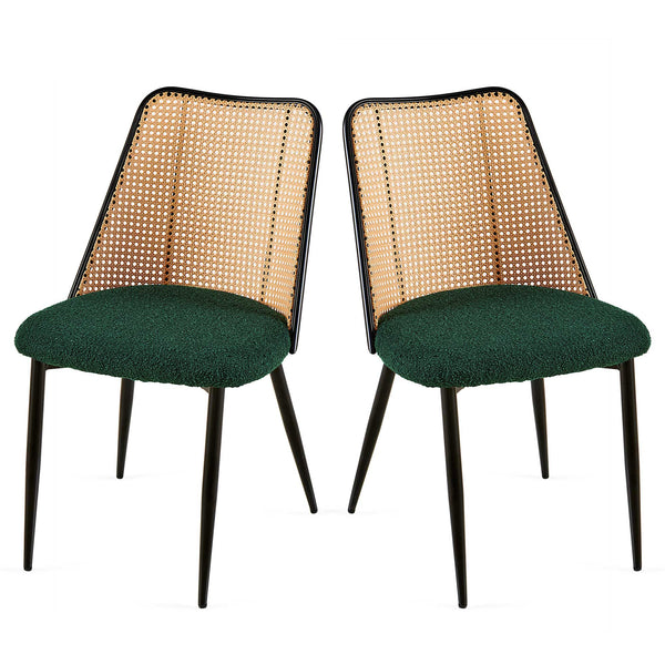 English Elm Green Rattan Dining Chairs Set Of 2 - Stylish Boucle Upholstered Seat With Natural Cane Backrest W1164P218678