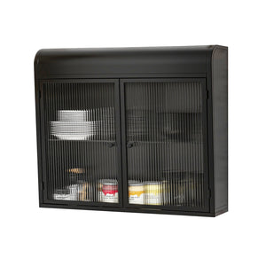 English Elm 2-Door Wall-Mounted Metal Storage Cabinet Antique Black with Fluted Tempered Glass Shelves & Knobs W3122P272920