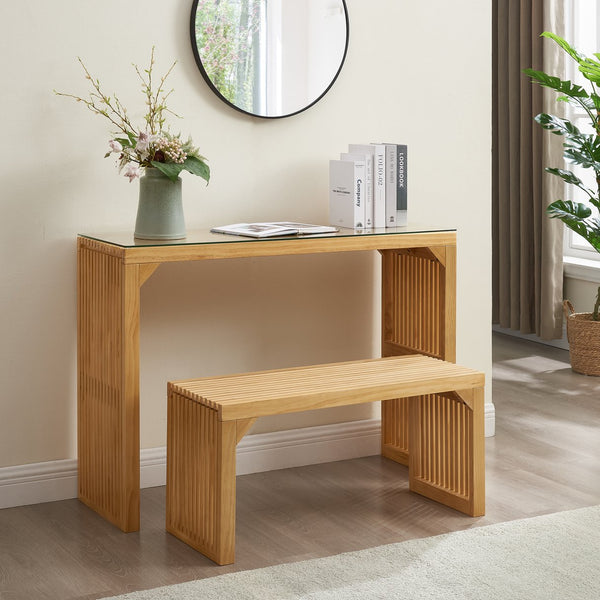 English Elm Dining Pine Multi-Use Bench & Table Set with Tempered Glass, Rustic Indoor Accent for Entryway Living Room W2275P192311