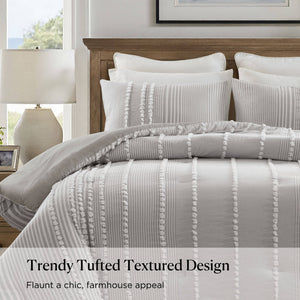 English Elm 3-piece Cotton Yarn Dyed Comforter Set Jacquard Pompom Stripe Coastal Bedroom Grey B035P482890