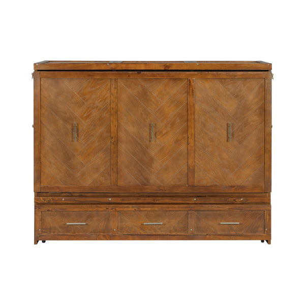 English Elm Queen Murphy Cabinet Bed Pine Wood Geometric Panels Usb Charging Guest Room Storage W504S00303