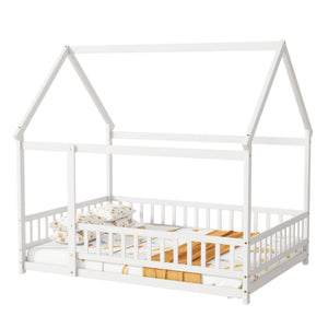 English Elm Full Size House Floor Bed With Roof Frame & Safety Guardrails - Cozy, Imaginative Retreat For Kids W504P286408