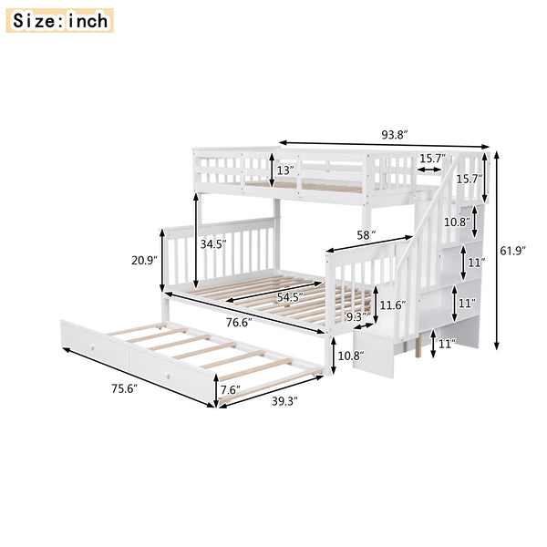 English Elm Stairway Twin Over Full Bunk Bed with Trundle Stair Storage and Guard Rail White LT000119AAK-1