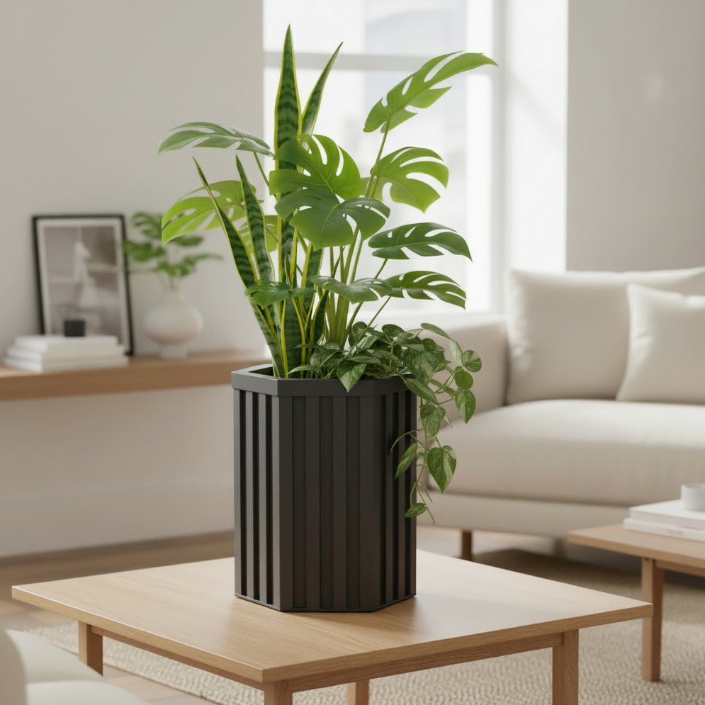 English Elm Hexagon Column Outdoor Planter Aluminum Wood Tone Finish Architectural Patio Accent B2755P499645