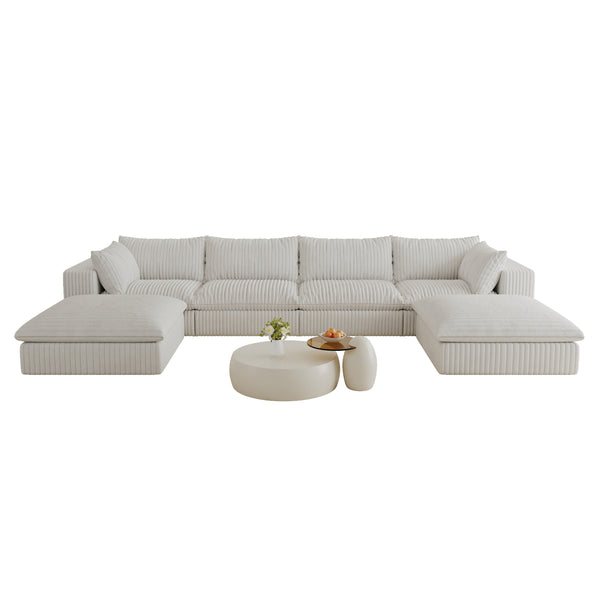 English Elm 157.6" Corduroy Modular Cloud Sofa Feather Fill Deep Lounge Seating for Living Room White W2824S00162