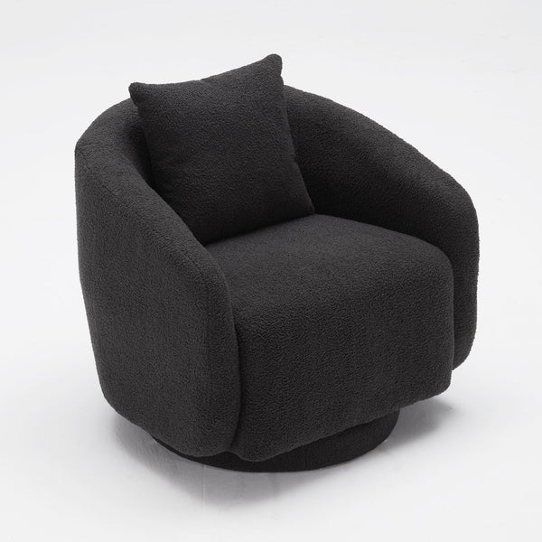 English Elm Swivel Barrel Armchair in Teddy Fabric with Lumbar Pillow and Solid Wood Legs Dark Gray T3623P430701