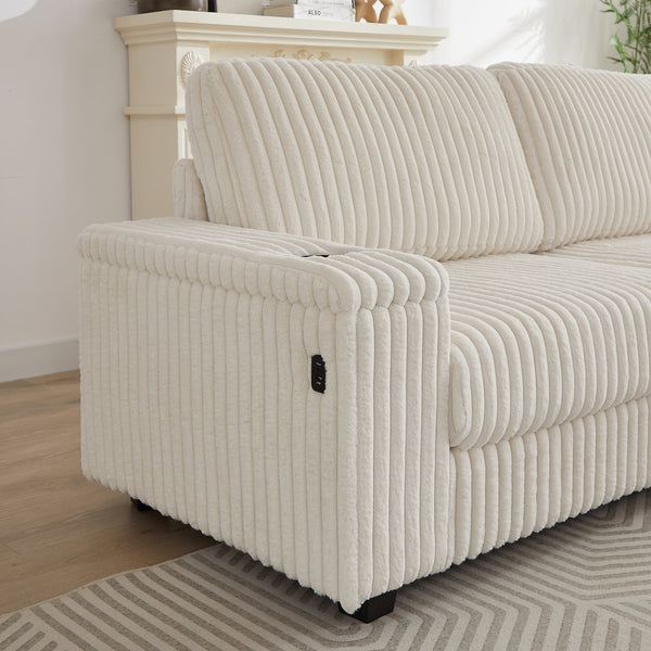 English Elm 110-Inch Oversized Corduroy Corner Sofa with Storage, USB & Cup Holders, Deep Plush Seating Comfort Beige W834S00284