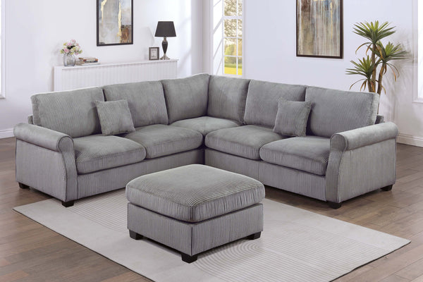English Elm 4pc Corduroy Sectional Sofa Set with Ottoman Corner Wedge and Low-profile Modern Legs Fog B011S02224