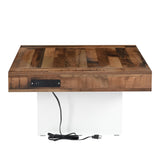 English Elm 31.4'' X 31.4'' Farmhouse Coffee Table With 2 Usb Ports and Outlets, Brown Spliced Wood Grain Center Table With Led Light, Rustic Cocktail Table With Charging Station For Living Room, White