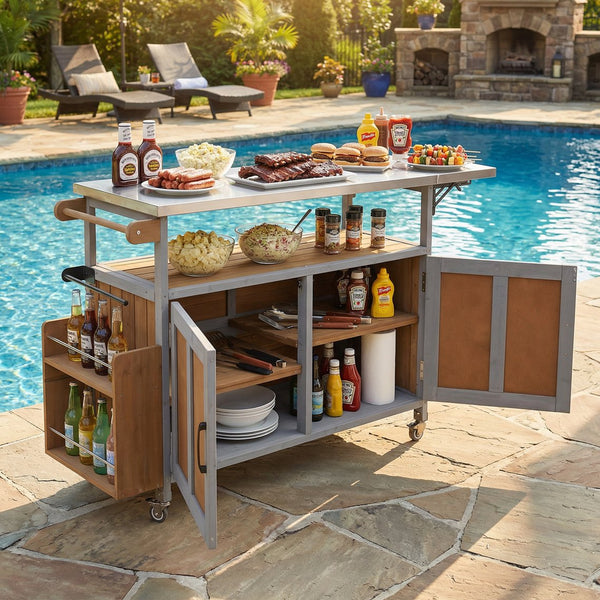 English Elm Foldable Outdoor Kitchen Cart with Stainless Worktop Fir Wood Frame and Lockable Wheels Espresso,Grey N719P380279Z