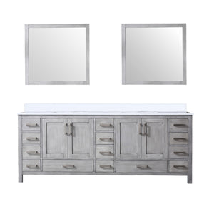 English Elm Distressed Grey Double Bath Vanity 84" W x 22" D with White Quartz Top, 34" Mirrors, Soft-Close Drawers B2731S00851