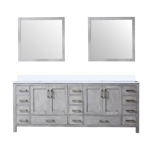 English Elm Distressed Grey Double Bath Vanity 84" W x 22" D with White Quartz Top, 34" Mirrors, Soft-Close Drawers B2731S00851