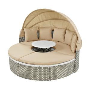 English Elm TOPMAX All-Weather Rattan Round Sectional Daybed with Retractable Canopy, Adjustable Table & Cushions Light Coffee SP100023AAC