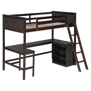 English Elm Twin Loft Bed with Built-in Desk and Open Shelves Solid Pine Kids Study Sleep Espresso LT001537AAP-1
