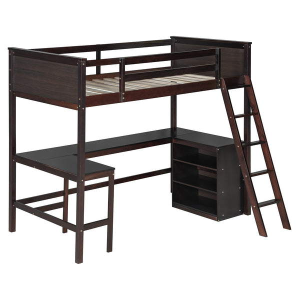 English Elm Twin Loft Bed with Built-in Desk and Open Shelves Solid Pine Kids Study Sleep Espresso LT001537AAP-1
