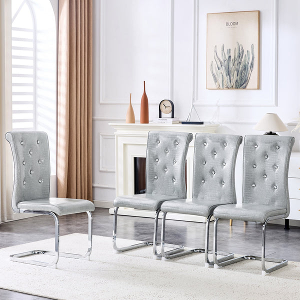 English Elm Set of 2 Glam Faux Alligator Pvc Dining Chairs with Crystal Buckle Bow Legs Gray W3875P371035