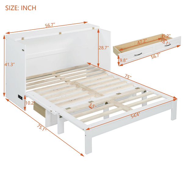 English Elm Full Size Murphy Bed Rattan Cabinet with Storage Drawers and Gold Hardware White N708S00009K