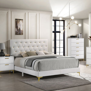 English Elm James Glam Eastern King Bed White Leatherette Diamond Tufted Gold Accent Headboard B062P466878
