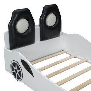 English Elm Wood Twin Race Car Platform Bed with LED Lighting, Upholstered Headrest, Sturdy Pine Build White GX002218AAK