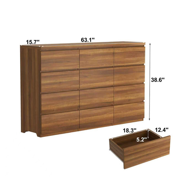 English Elm 12 Drawer Wide Double Dresser Modern Symmetrical Wood Storage Chest for Bedroom Walnut W409S00017