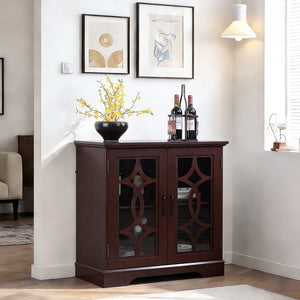 English Elm Elegant Mirrored Sideboard with Butterfly Carved Doors Wood Grain Finish Dining Storage Ox Blood Red W2899P372744