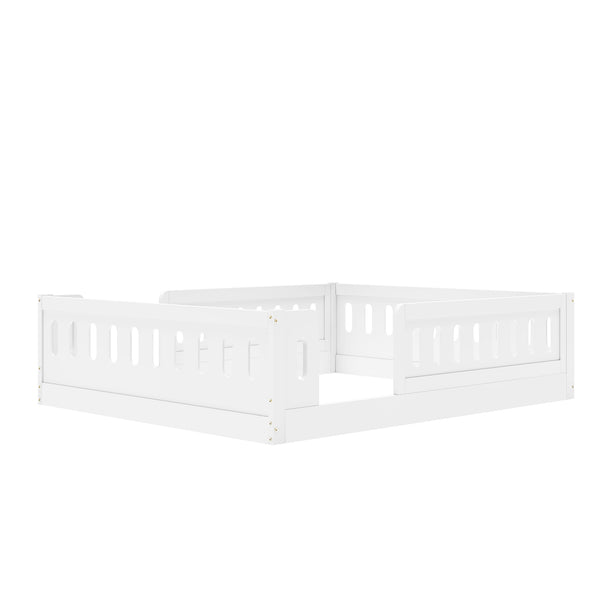 English Elm Wood Full Size Kids Platform Bed Solid Pine Guardrail Low Profile Safe Sleep Frame White N709P321458K