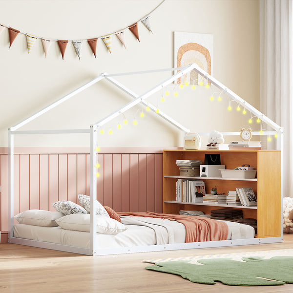 English Elm Full House Bed Frame with Shelves & LED Lights — Metal + Wood Full-Size Playhouse Bed for Kids Room Decor White N737P176706K