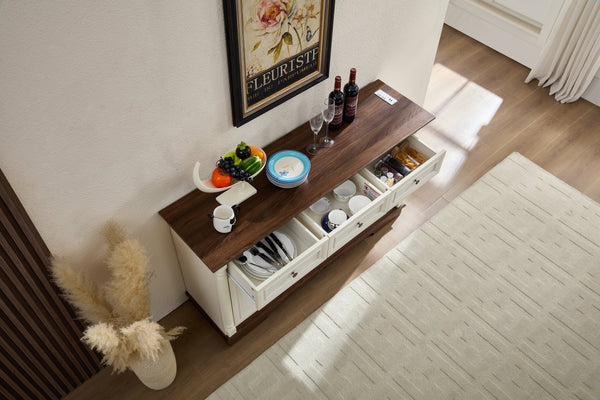 English Elm Farmhouse Large Storage Cabinet With Roman Columns, Versatile Wood Buffet & Wine Cooler Stand W2393P300547