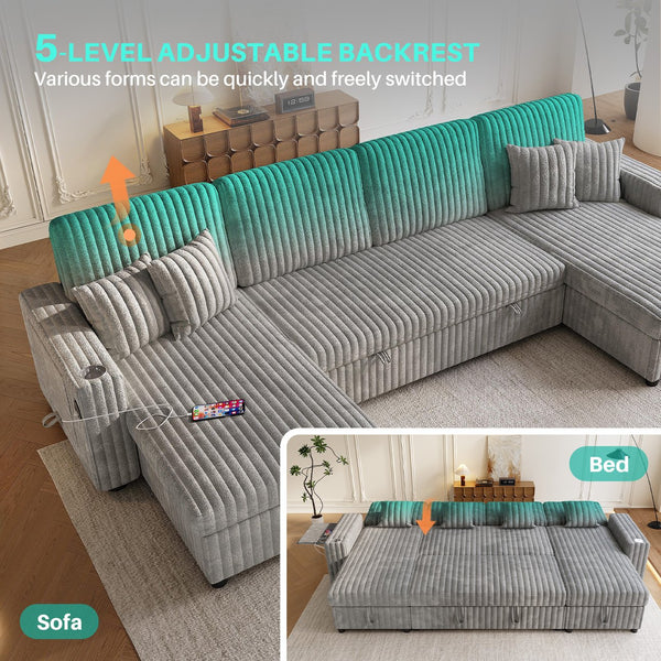 English Elm U Shaped Sectional Sleeper Sofa Corduroy Upholstered Pull Out Bed with Storage Chaise Gray W1825S00031