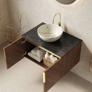 English Elm Muri Floating Bathroom Vanity Plywood Cabinet Sintered Stone Top Oak Drawer W2615S00545