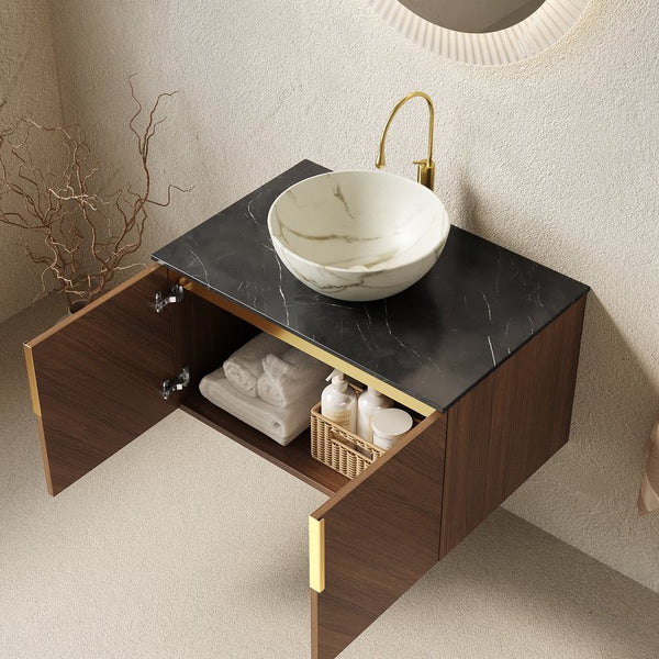 English Elm Muri Floating Bathroom Vanity Plywood Cabinet Sintered Stone Top Oak Drawer W2615S00545