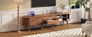 English Elm Wooden Fluted Tambour Media Console Mid Century Modern Tv Stand with Built in Charging Walnut N721P428444D