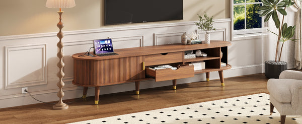 English Elm Wooden Fluted Tambour Media Console Mid Century Modern Tv Stand with Built in Charging Walnut N721P428444D