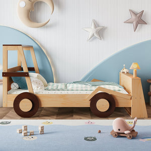 English Elm Twin Pine Treehouse Floor Bed with Padded Rails and Cabin Roofline for Kids W1580S00472