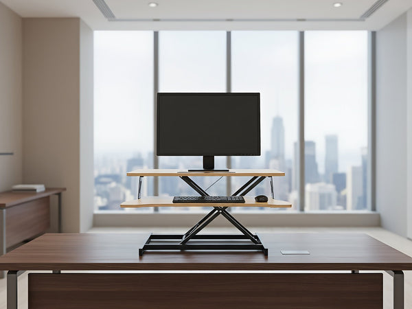 English Elm 32 Inch Sit Stand Desk Converter with Keyboard Tray Dual Monitor Ergonomic Riser Black,Natural W2641P406128
