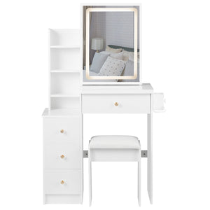 English Elm 29.2" Stylish Left Bedside Vanity Table Set With Led Mirror, Power Station & Cushioned Stool For Small Spaces W936P202468
