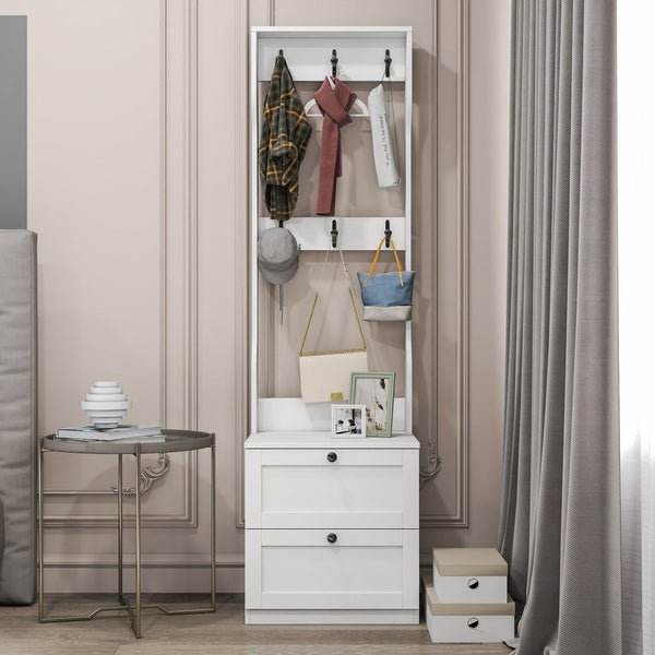 English Elm 2-in-1 Wood Coat Rack Nightstand with Drawer & Hooks — Freestanding Bedroom Entryway Organizer W331P280719