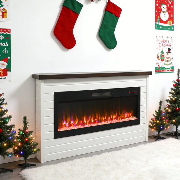 English Elm 65" Wall Mantel Electric Fireplace with Led Flame Heater for Living or Bedroom W1769S00016