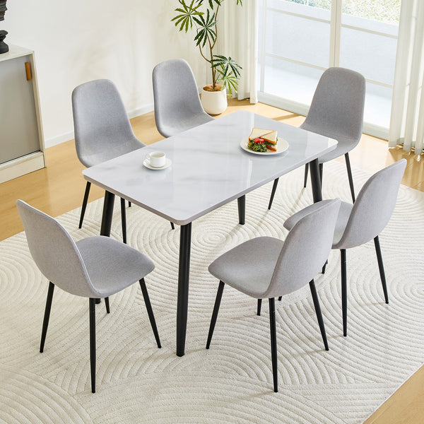 English Elm Table and Chair Set Marble Look Glass Top with Six Linen Seats for Modern Dining W1151S04627