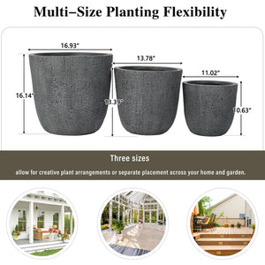 English Elm U_style Mgo Round Planters Set of Three Crackle Stone Texture Patio Garden Pots Gray N711P406660E