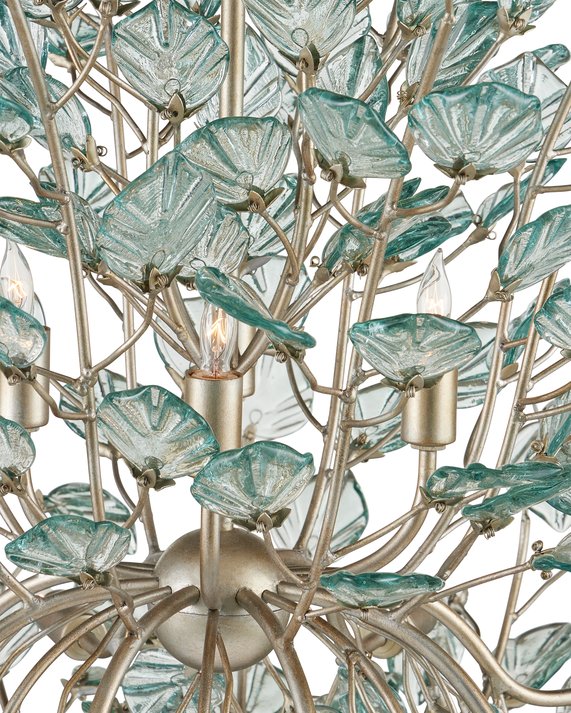 Currey & Company Baobab Medium Silver Chandelier - Elegant Biophilic Design With Recycled Glass Leaves & Dimmable Light Blue Recycled Glass ,Wrought Iron 9000-1294-currey-company