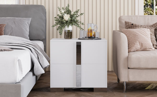 English Elm Modern Two Drawer Nightstand with Slim Metal Legs and Mirrored Bar Handles for Bedroom White W5271P416538