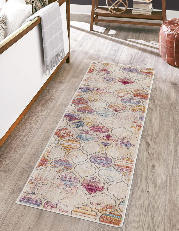 Unique Loom Deepa Static Trellis Machine Made Trellis Rug Multi, Beige/Blue/Orange/Pink 2' 6" x 12' 2"