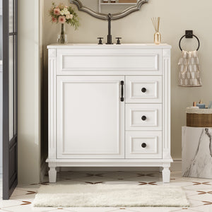 English Elm 30" French-Inspired Bathroom Vanity With Ceramic Sink, 2 Soft-Close Drawers & Adjustable Shelf Storage N710P323323K