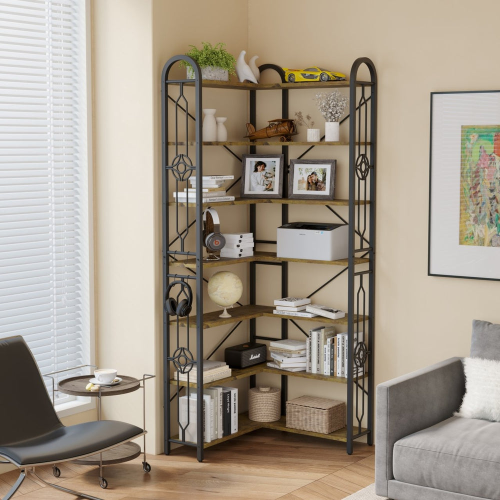 English Elm Corner 7-Tier Industrial Corner Shelf - L-Shaped Wood & Metal Etagere, Anti-Tilt Freestanding Display for Living Room Kitchen Office Space-Saving Design W3062P289201