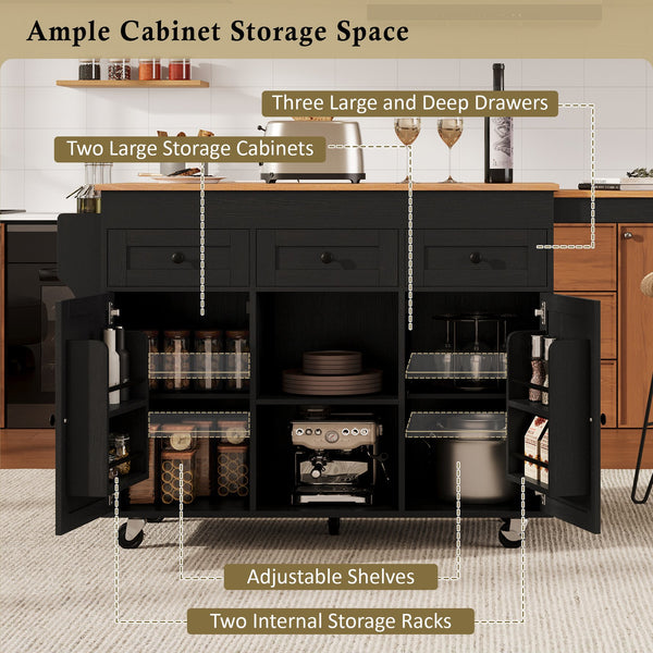 English Elm K&k Rolling Kitchen Island with Extendable Table Open Shelving and Built-in Power Outlet Black N707P360278B