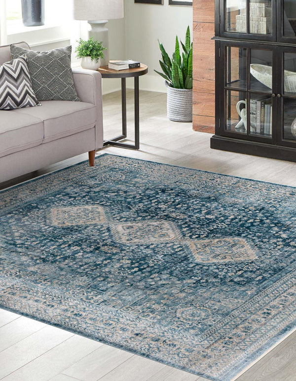Unique Loom Newport Rosecliff Machine Made Border Rug Navy Blue, Ivory/Light Blue 10' 2" x 10' 2"