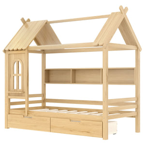 English Elm Twin House Platform Bed with Drawers & Shelves, Solid Wood Playhouse Frame for Kids, Cozy Design Natural W1580S00266